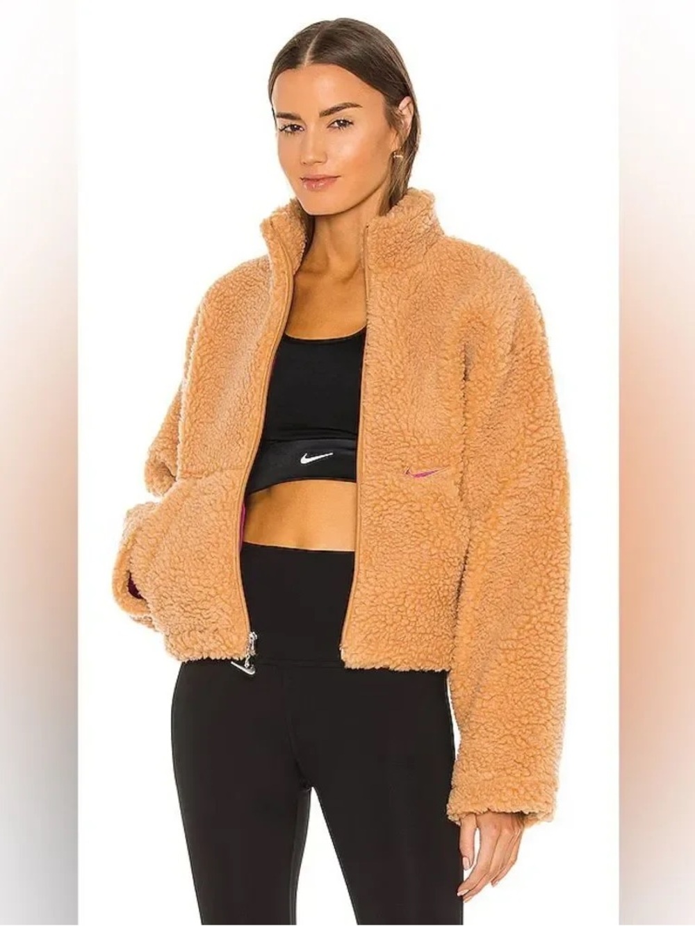Nike Sportswear Swoosh Sherpa Jacket Flax Cactus Flower – L EUC